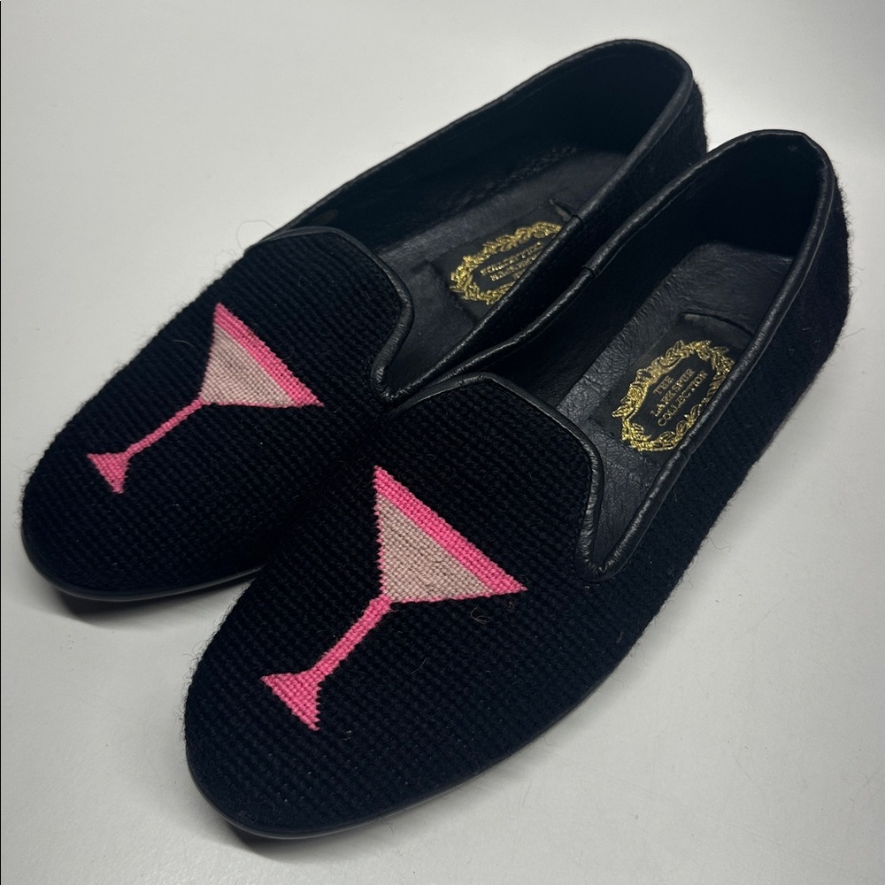 Larkspur Collection Flats Slip On Needlepoint Shoes Martini Cocktail Black 7.5